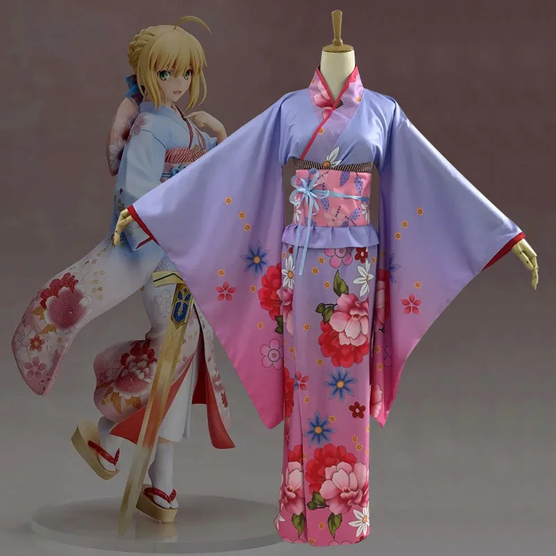 Showman Kimonos Ladies Halloween Anime Fate Saber Cosplay Costume Women Flowers Print Kimono Dress