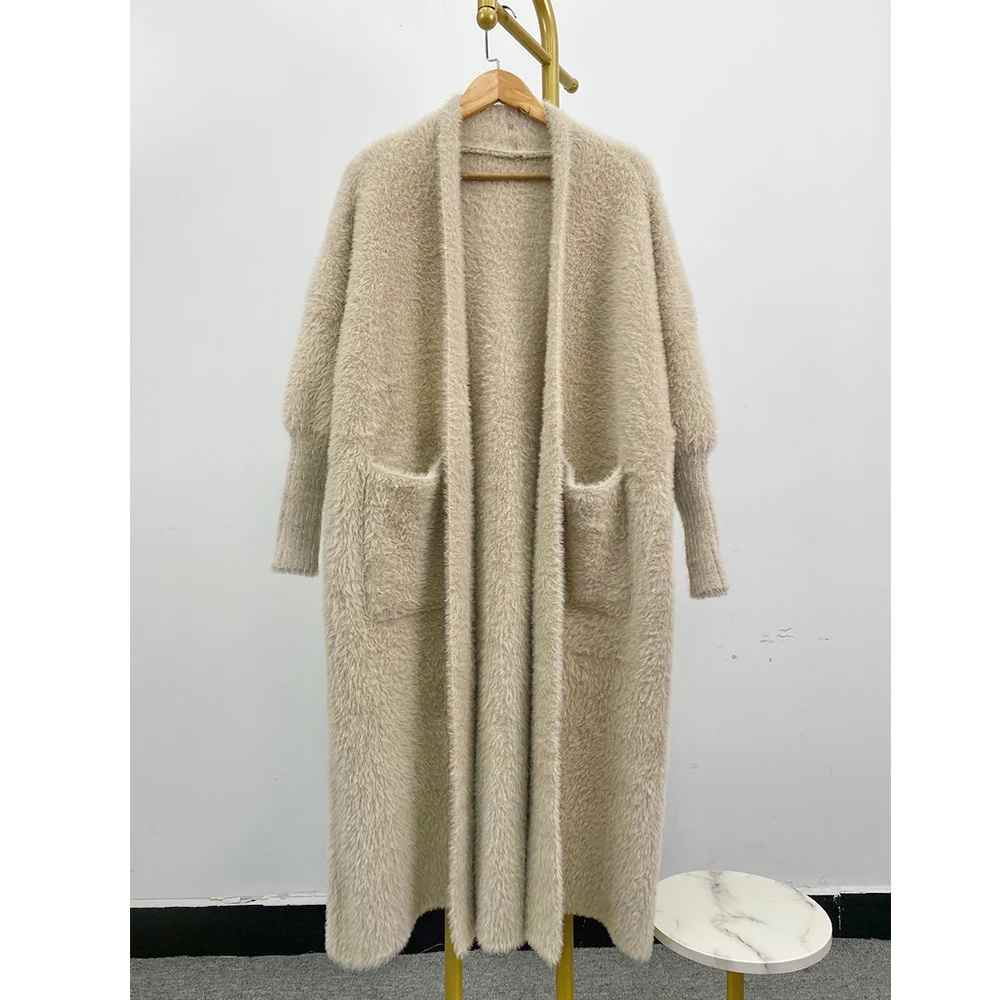 European Luxury  high quality faux mink fur coat with big pockets fall winter knitted Women Long cardigans  sweater  casaco