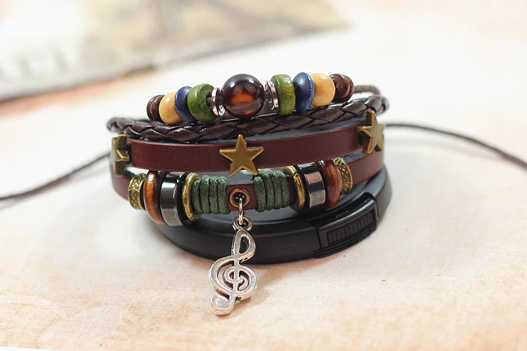 Women men crystal bead wood beads hemp rope braided multilayer metal stars leather bracelet with musical note pendant