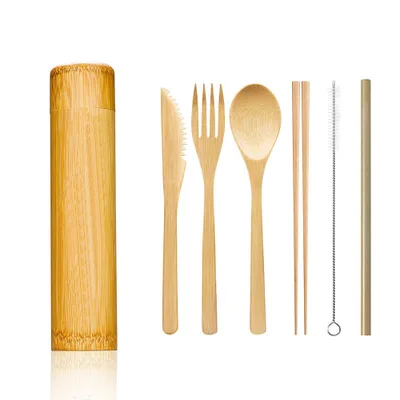 Bamboo travel cutlery set eco friendly flatware set knife fork spoon camping cutlery set with pouch