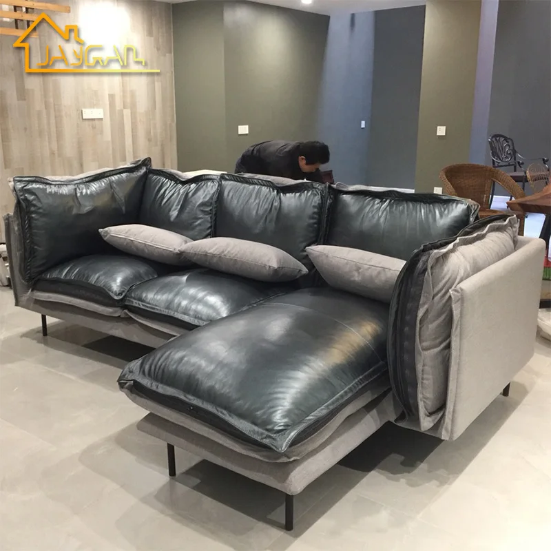 Home furniture 2 piece sectional with chaise modern L shape sofa set mixing leather and fabric corner sofa