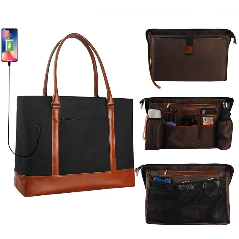 Water Resistant Polyester Durable 1680D 15.6' Anti-theft Travel Working USB Business Side Tote Laptop Bag For Women Ladies