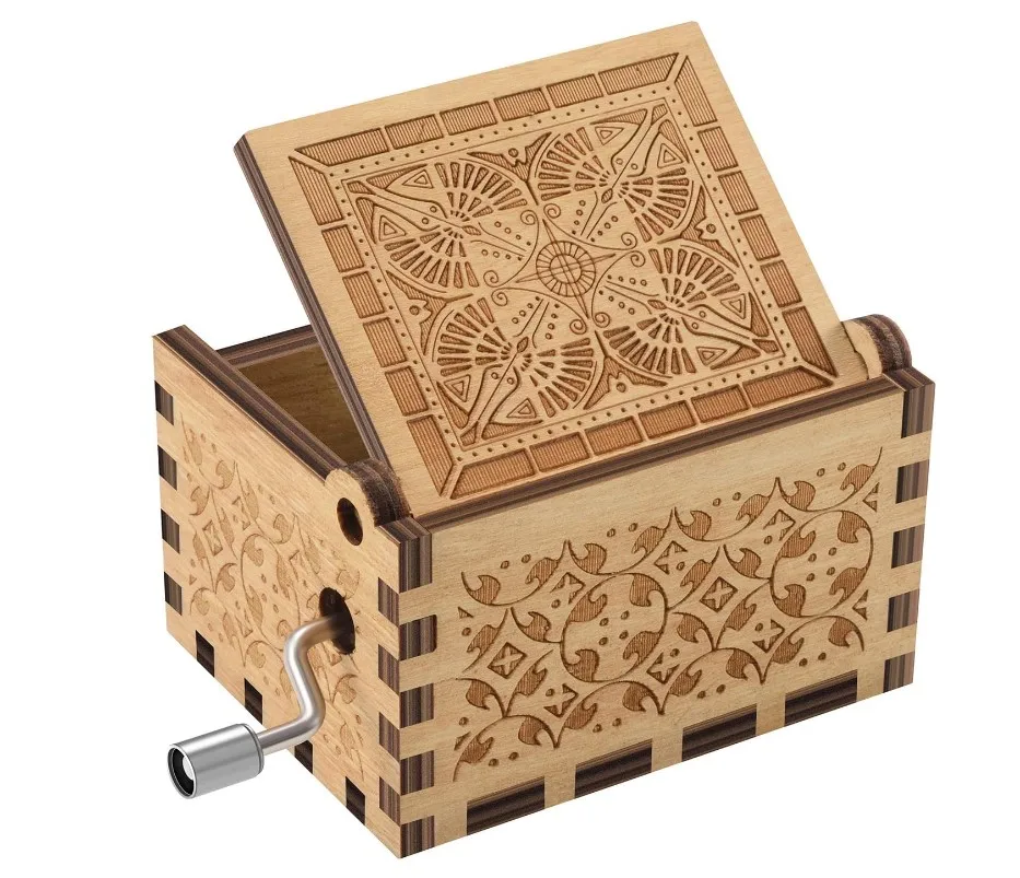 Wood Laser Engraved Vintage Hand Cranked Cute Boxes wooden music box