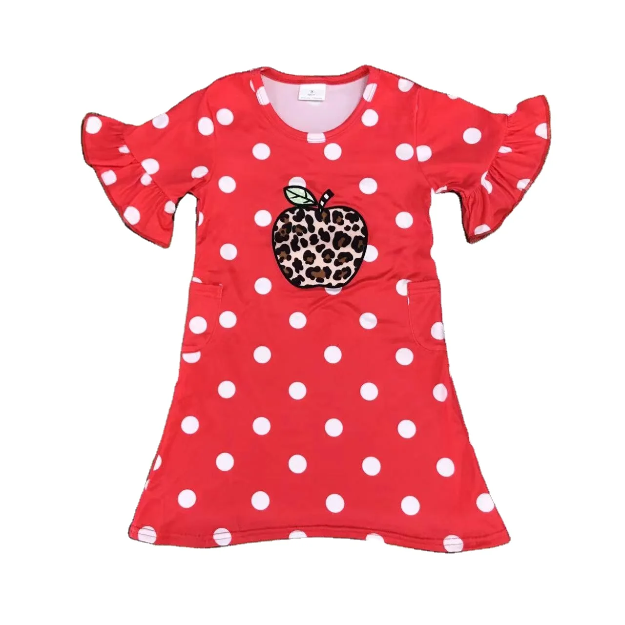 Summer Girl Dress Red Leopard Apple Embroidery Dress Summer Back to School Dress Wholesale