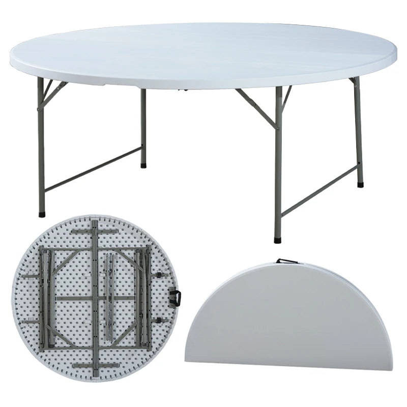 OEM 5 Foot 150*74 Fold-In-Half Round Plastic Table White Utility Sturdy Portable HDPE Tables With Handle Lock