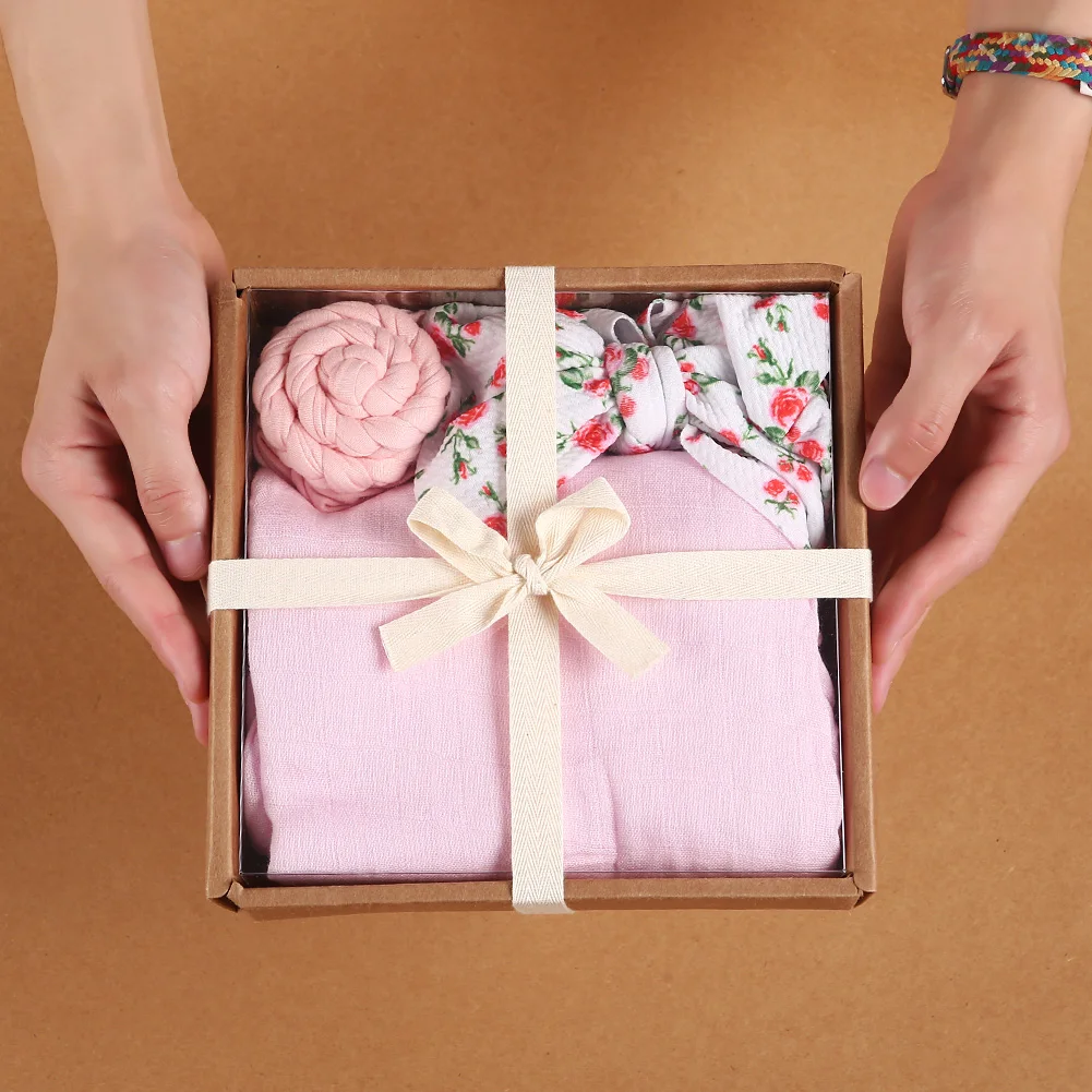 Muslin Organic Bamboo Cotton Breathable Soft Baby Bedding Blanket Baby Swaddle Wrap With Baby Headband Turban Hat