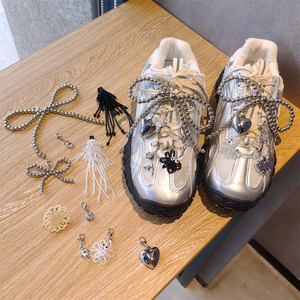 Fashion Pearl Tassel Shoelace Charm Rhinestone Metal Tag Shoe Clips Pearl Ribbon Bow Sneakers Accessory  Y2K Shoe lace Charms