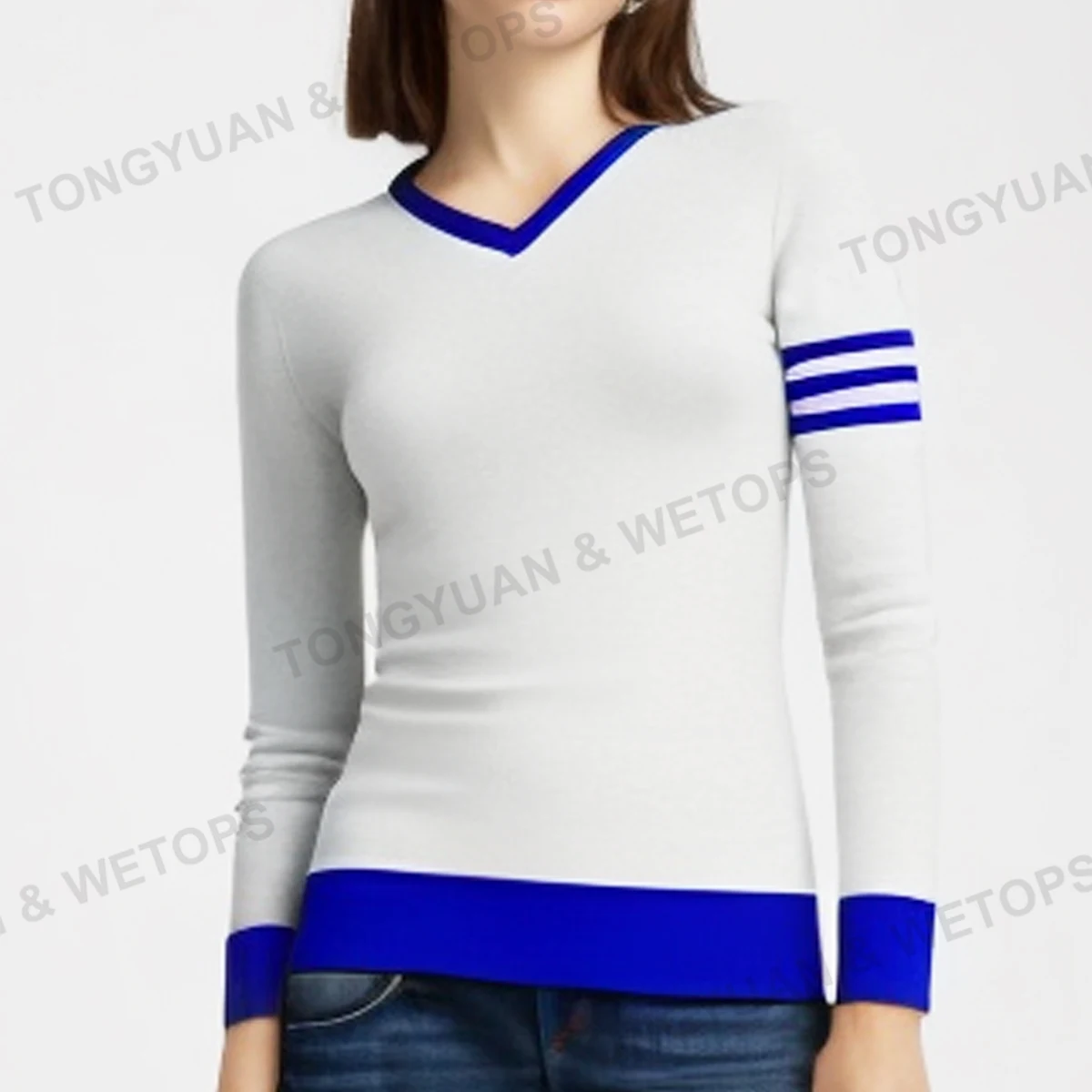 BSCI Ladies Sweater Manufacturers Royal Blue White Ladies Embroider Contrast Striped V Neck Sorority Knitted Tops Sweater