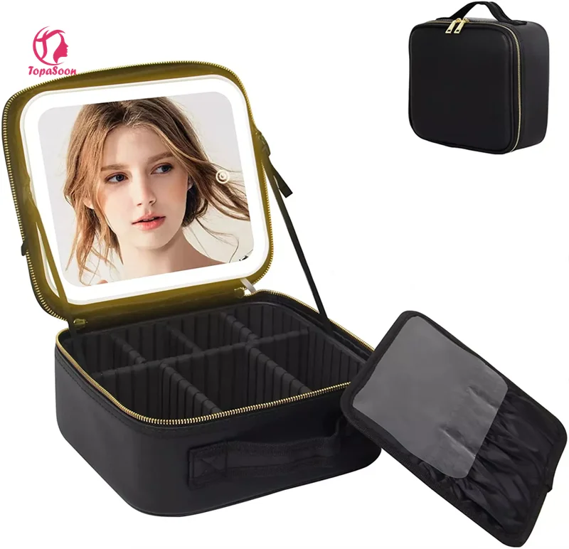 2022 Wholesale Bulk Waterproof Luxury Custom Small Mesh Storage Pu Leather Travel Makeup Cosmetic Bags Cases With Led Mirror