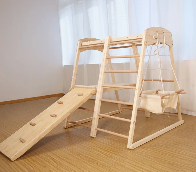 Wooden Climbing Frame Front Slide/Back Climbing Board Lifting Ring Cloud Ladder Soft Rope Ladder Side Ladder Platform Baby Swing