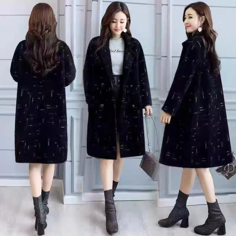 High quality mink fleece mid-length button-up jacket for women Korean version of fashion plus size overcoat loose jacket