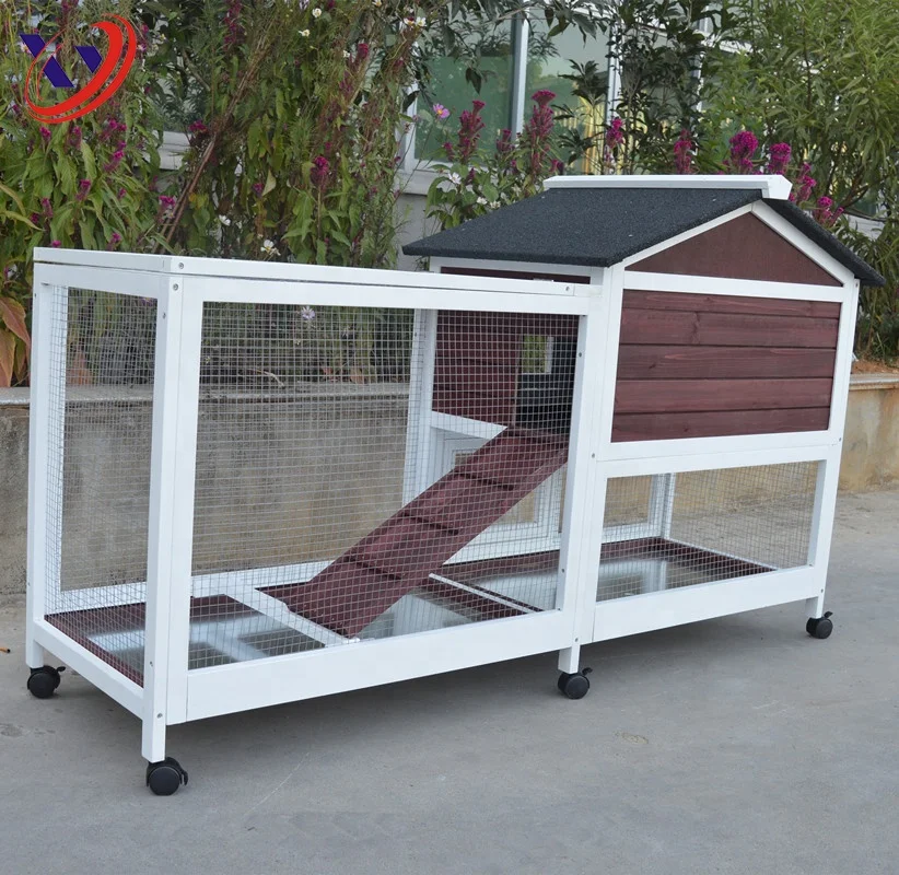 Maroon&White Wooden Rabbit House with Wheels and 3 Trays