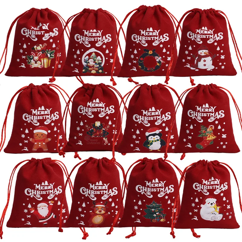 Custom Logo Red Velvet Christmas Felt Drawstring Gift Bag Candy Bag