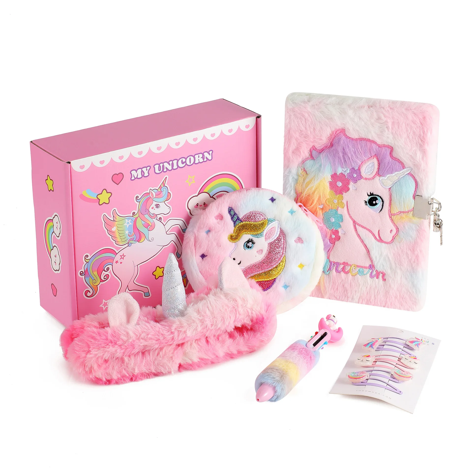 2024 New Products Unicorn Toys Headband/ Soft Plush Toys Set for Girls Birthday Gift Box with Lock and Keys Notebook