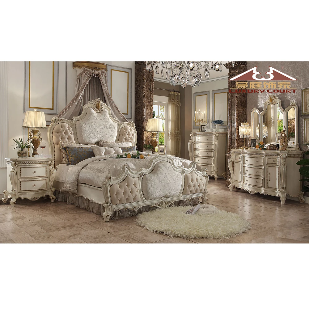 Luxury Design king Size Bed White Color Dressing Table With Mirror Canopy Bed Furniture Whole Bed Room Set