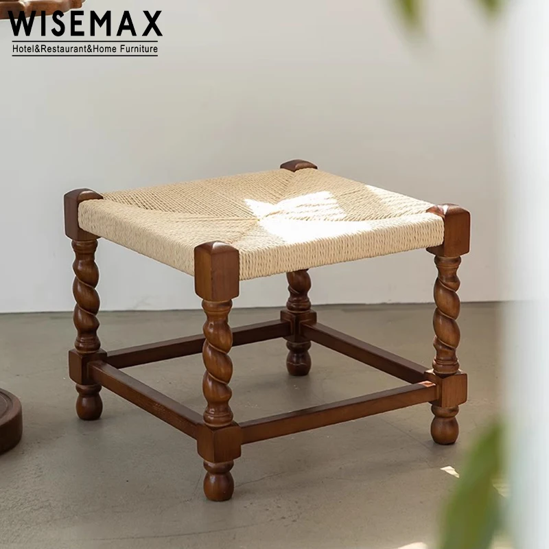 WISEMAX FURNITURE Modern Nordic style living room sofa side cube ottoman solid wood rope stools for home hotel