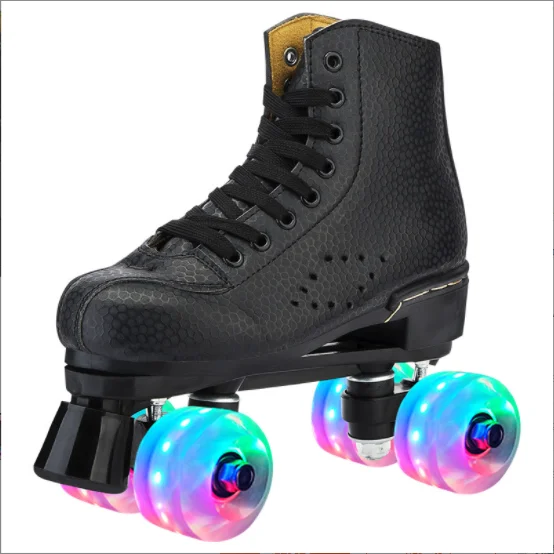 2022 Nattork Classic Roller Skate Black PU Premium leather Black Quad Rental Rink Skates light up Adult Quad Rental Roller Skate