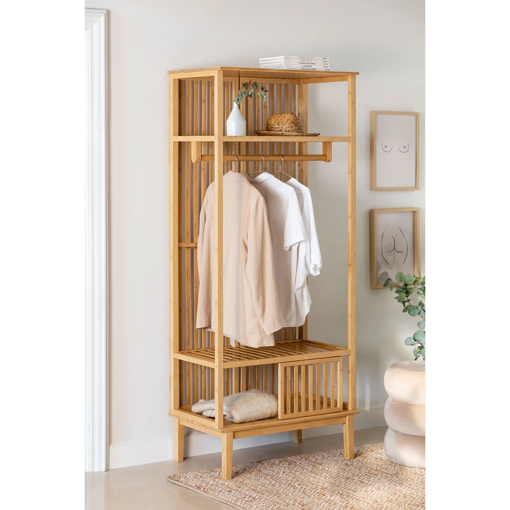 OEM ODM Movable Portable Bamboo Clothes Rack with Storage Shelf Outdoor Portable Clothes Drying Rack Flexible
