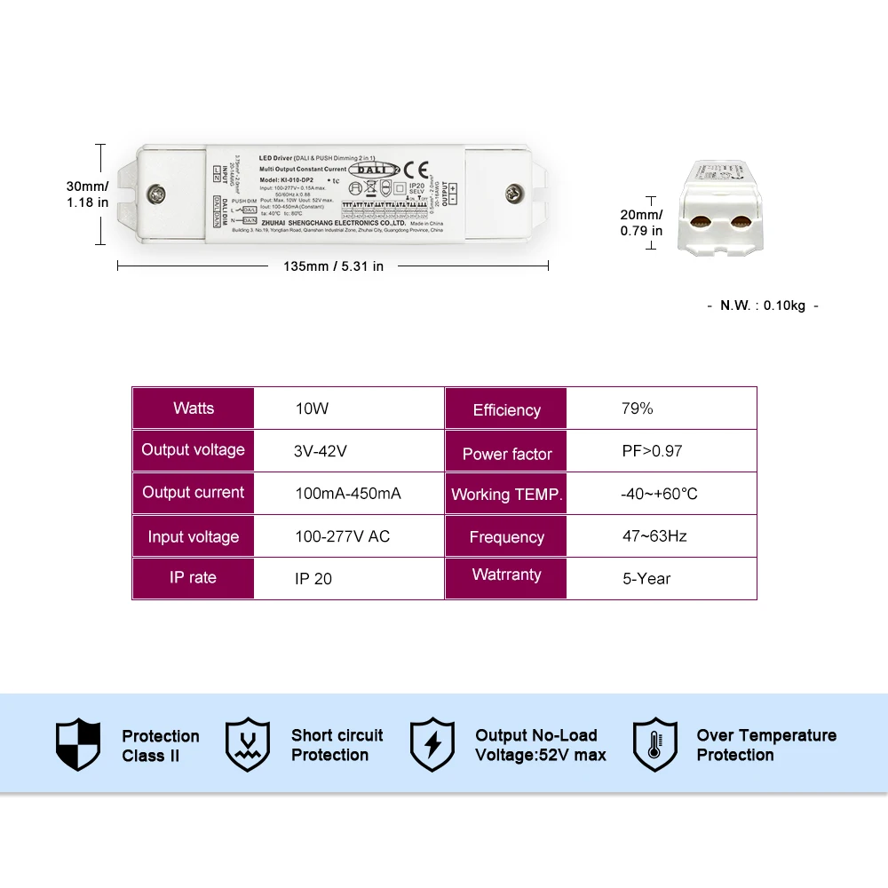 ENEC Adjustable current DALI-2 & Push 10W 100mA-450mA constant current dimmable LED driver