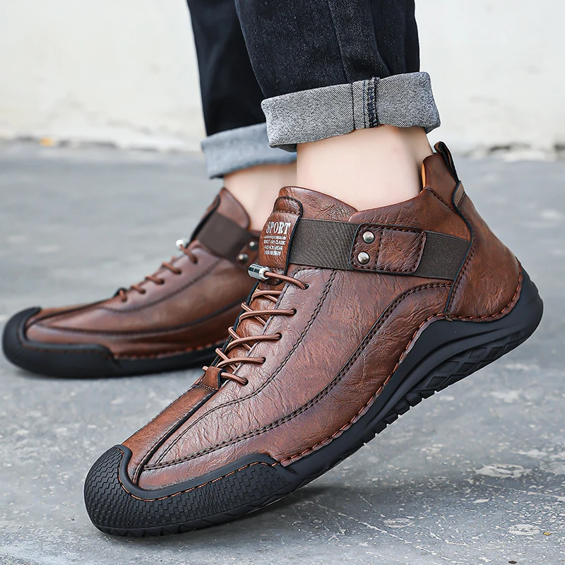 Factory Supply Custom LOGO Service Middle Top Anti-Slip Sole Men Fashion Casual Leather Boots