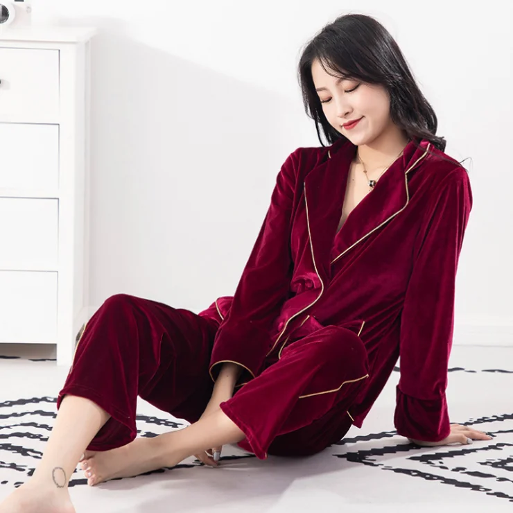 Velvet Pajamas Women Suit Long-sleeved Two-piece Plus Size Pajamas Sleepwear for Women Women Sexy Nightwear Robe Sets Plain Dyed