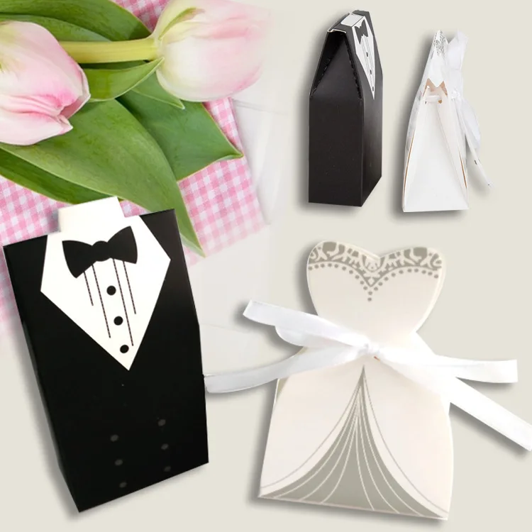 Wedding Party Favor candy Boxes Creative Tuxedo Dress Groom Bridal Paper Sweet Chocolate Sugar Candy Box with Ribbon