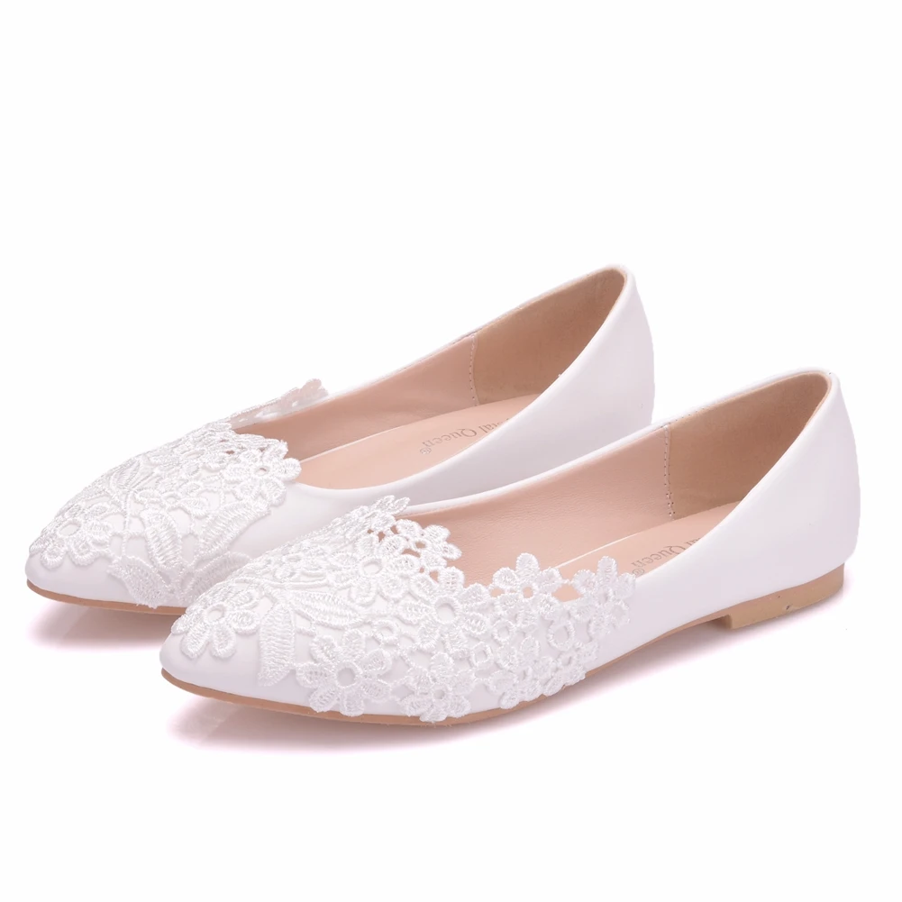 
Ballet Flats White Lace Wedding Shoes Flat Heel Casual Shoes Pointed Toe Women Wedding Princess Flats Plus Size 43 