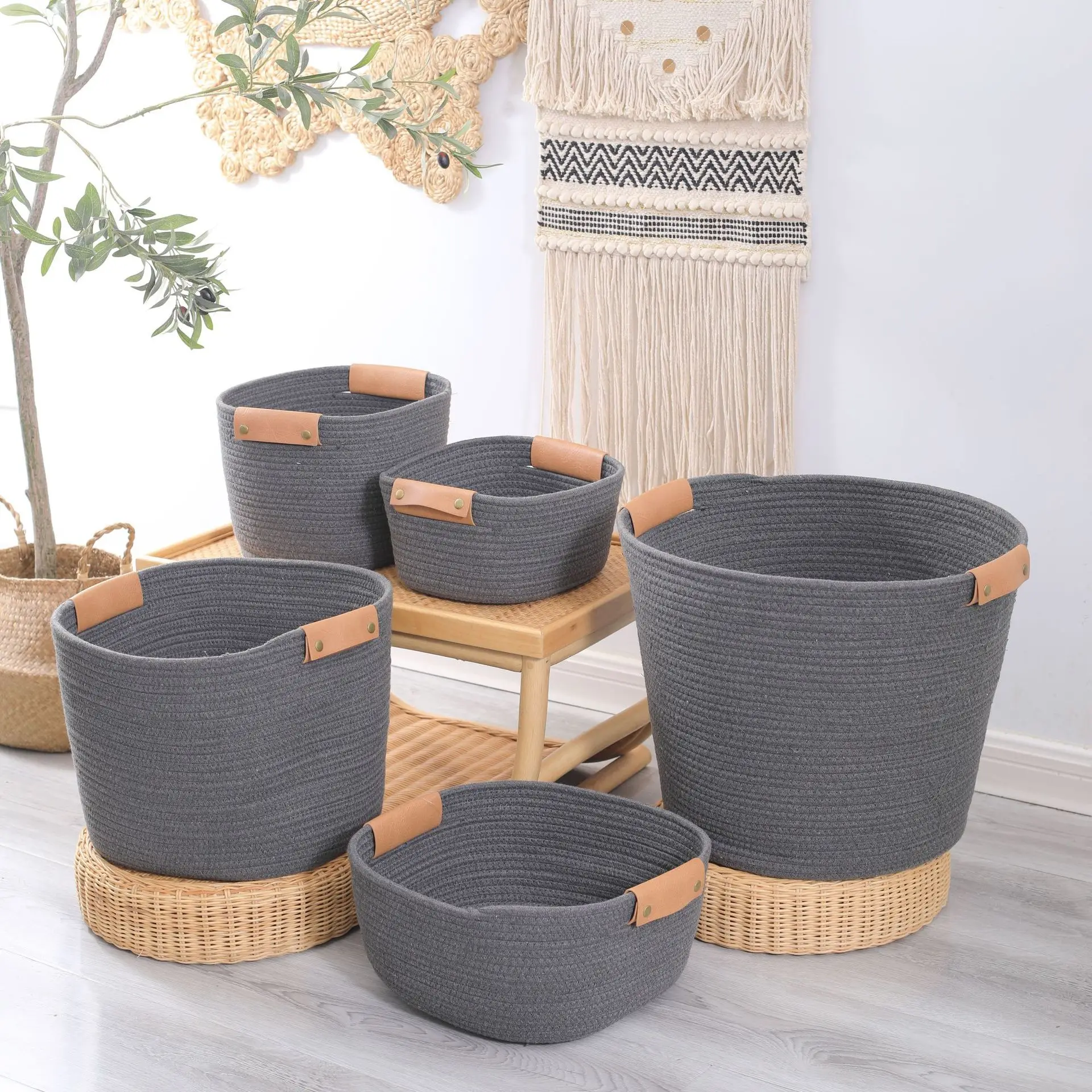 Wholesale Decorative fashion foldable Woven Laundry Cotton Rope storage Basket with Leather Handles
