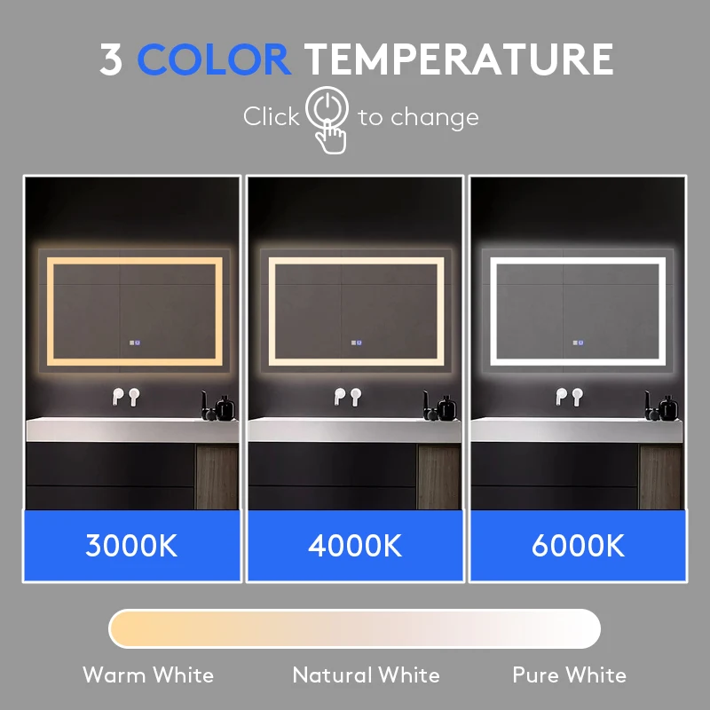 Smart Rectangle Wall Mirror Bathroom Vanity Smart Mirror Bathroom Lights Waterproof Backlight Led Lit Modern Bath Mirrors