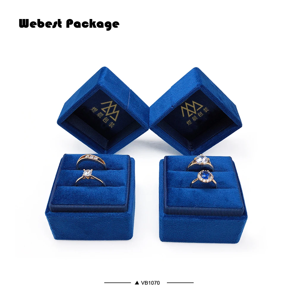 Webest new style navy blue flocked wedding square soft jewelry velvet ring box