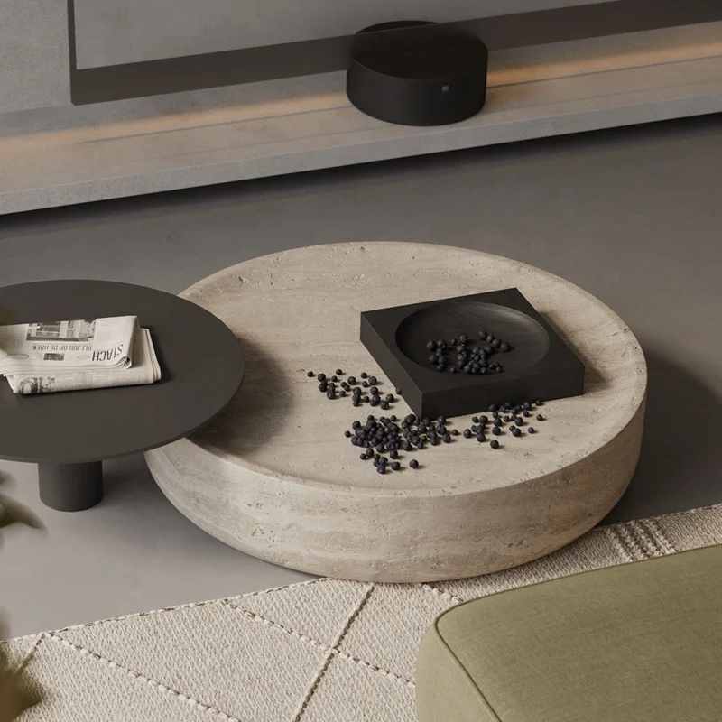Nordic style modern minimalist home furniture round table creative living room marble beige stone travertine coffee table