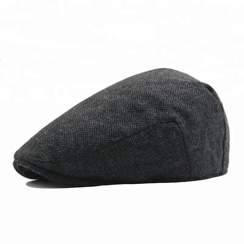 Custom Design Wholesale Cut and Sewn Tweed Hats Spring Autumn Herringbone Beret Hat Cabbie Wool Flat Top Ivy Cap for Men 3