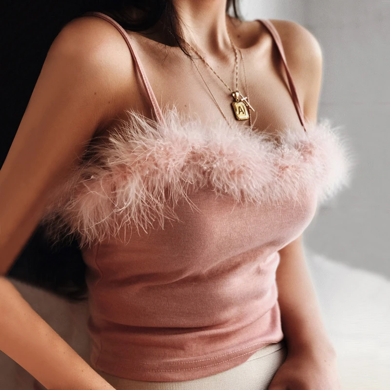 Soft Tank Shirt Newly Design Women Fashion Fluffy Fur Strap Sleeveless Crop Tops Ladies Sexy White Club