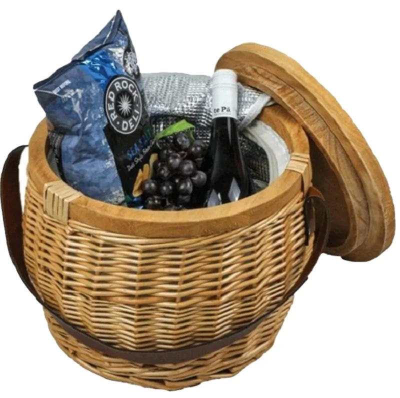 Large round Wicker Picnic Basket with Bamboo lid and Wood Table