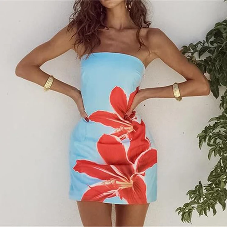 Factory Custom Women Sexy Strapless Floral Pattern Bodycon Tube MiniDress Summer Skinny Sleeveless Backless Bandeau Tube Dress