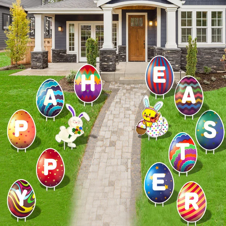 Colorful Bunny Happy Easter Eggs theme Decorations Outdoor Garden Yard Signs With Stakes for Lawn Decor Spring Party Supplies