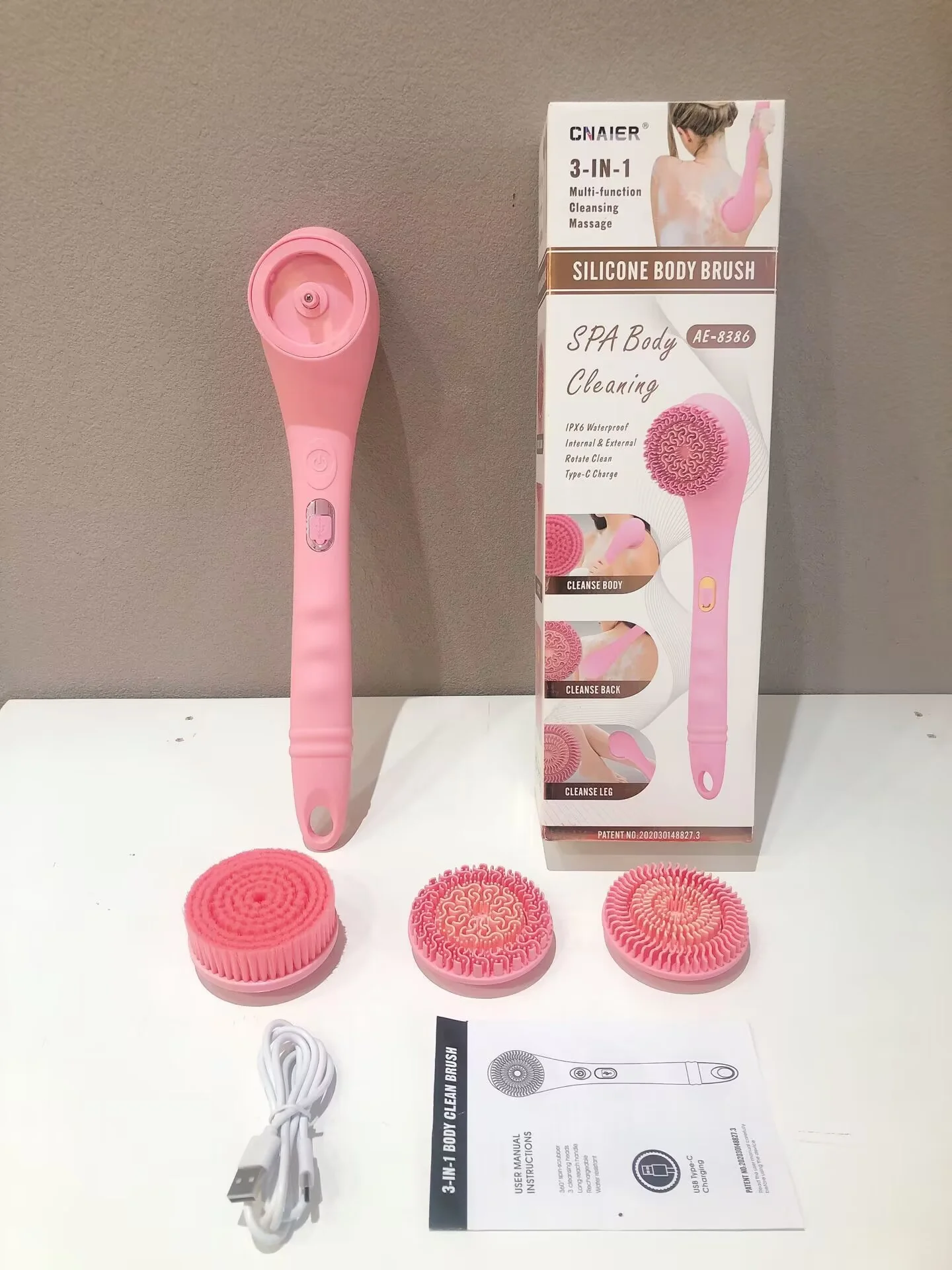 New Exfoliate Bristle Brush Body Mssage  with Long Handel Waterproof Body Scrubber USB Rechargeable Silicone Body Bath Brush