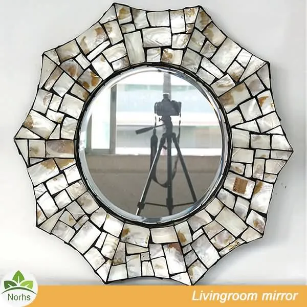 Norhs unique framed wall mounted artisan crafted art ocean sea shell mosaic mirror with high reflection image for living room