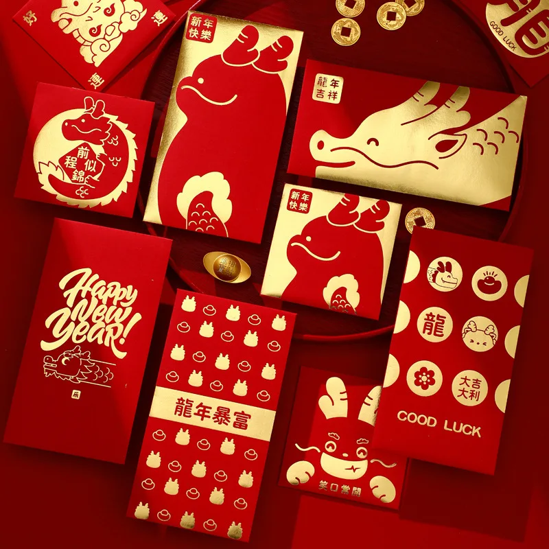 Red Packet Dragon 2024 Chinese New Year Customised Gold Foil LOGO Red Envelope for Gift