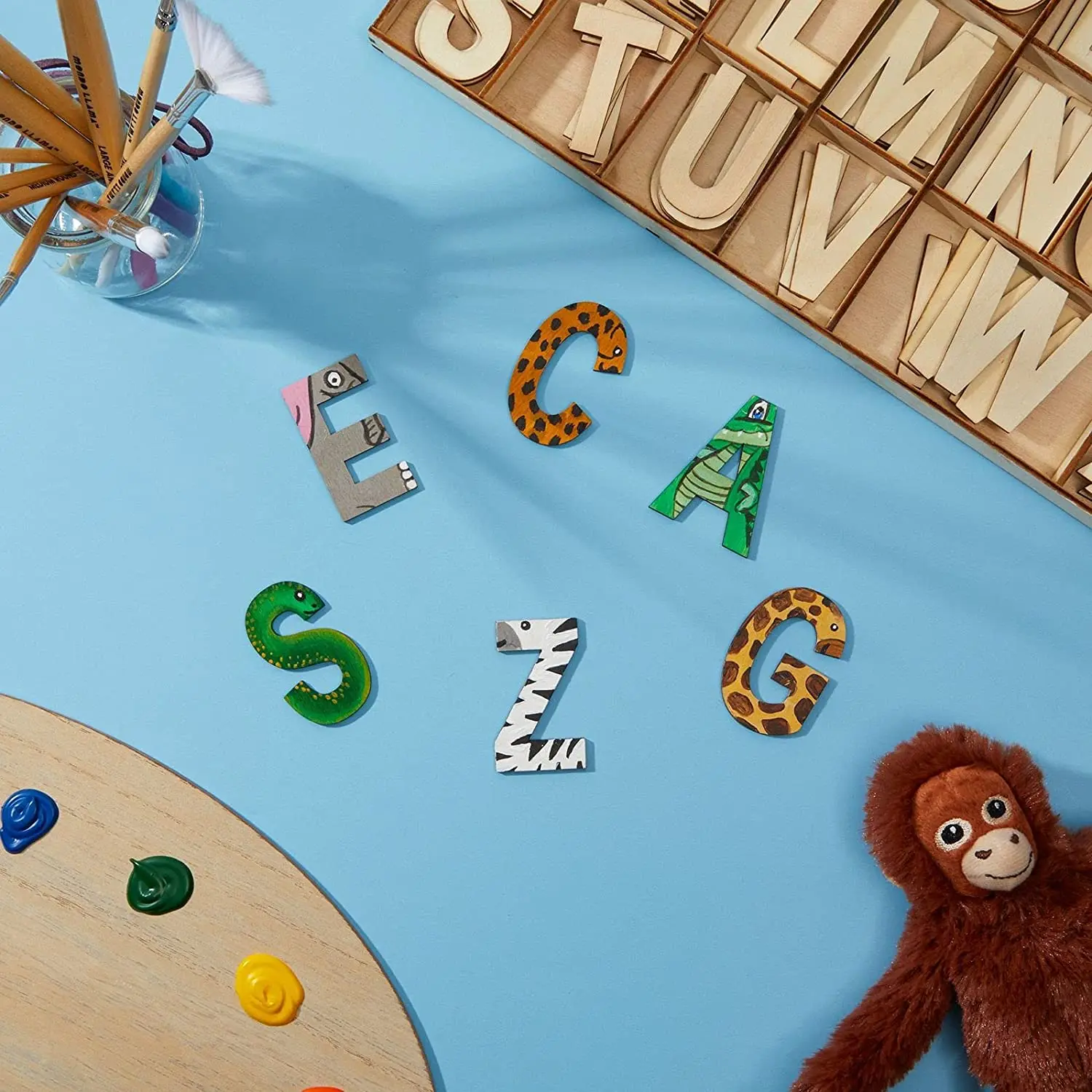 1 in Wooden Letters with Storage Tray for Crafts Wood Alphabet ABCs for Learning Natural Blank Unfinished Home Wall Decor