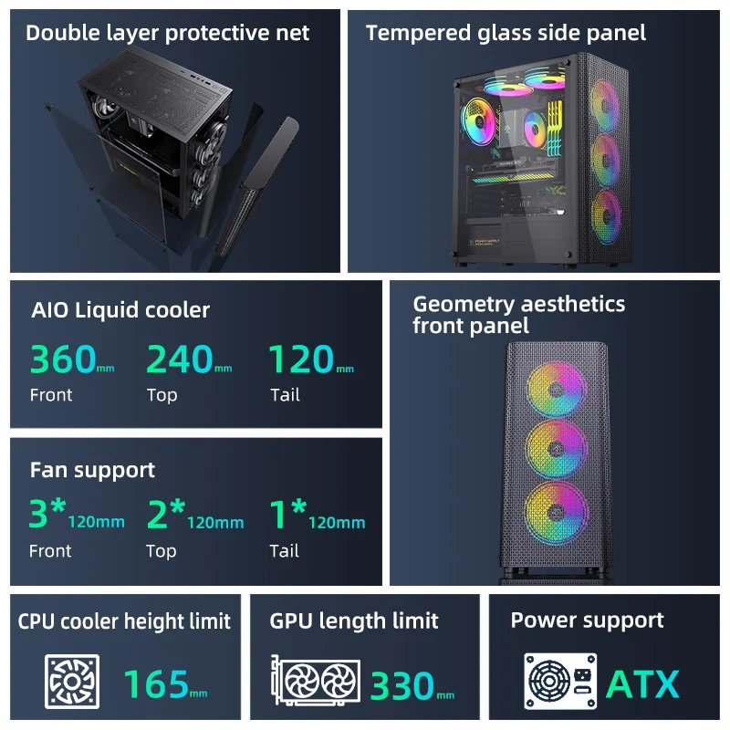 SNOWMAN  ATX Mid Tower Gaming Computer PC Case  with Tempered Glass Front Airflow Mesh Up to 8x120mm Fan with 240mm AIO/Radiator