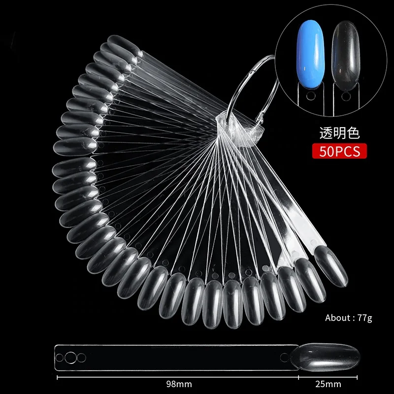 50pcs False Nail Tips Nail Art Fan Shaped Palette Card Display Acrylic Practice Color Chart For Nail Polish With Ring Clear