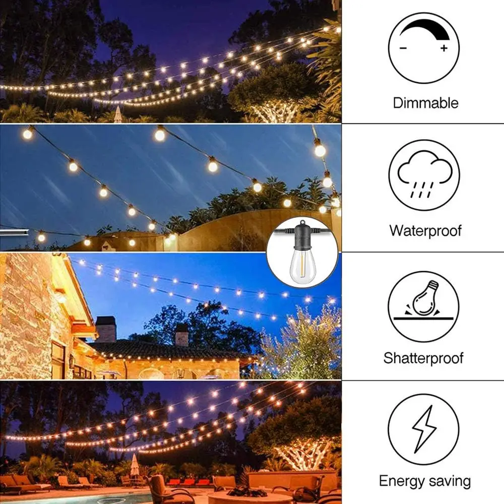 Outdoor Waterproof Patio Lights 48ft Solar Powered 15 Shatterproof S14 LED Bulbs Outdoor String Lights for Garden Backyard Yard