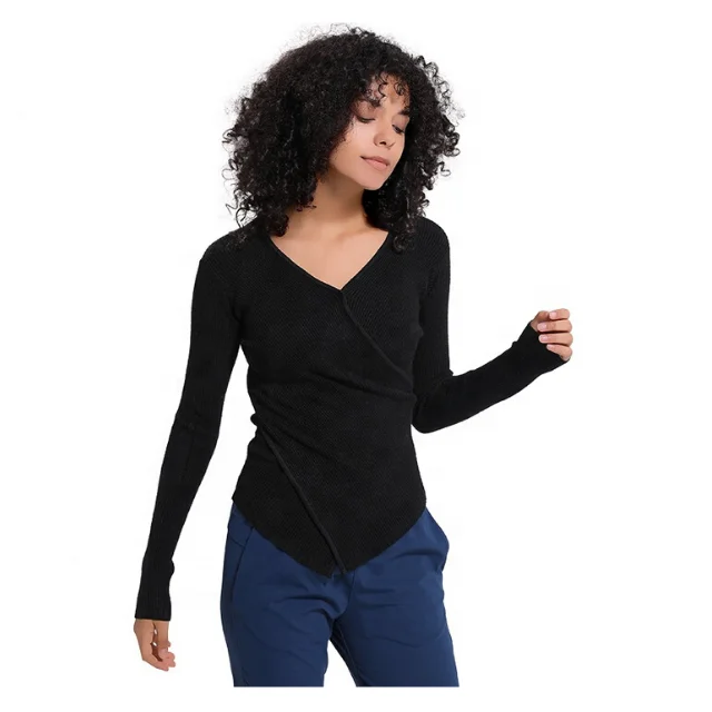 
Women Long Sleeves Sports Tracksuit Skinny V Neck Woolen T Shirt Winter T Shirt With Custom Logo 