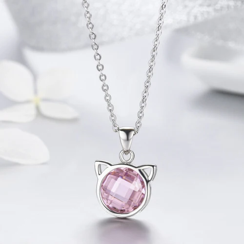 
Most popular products cat pink stone design 925 Sterling silver Pink CZ diamond stone necklace 