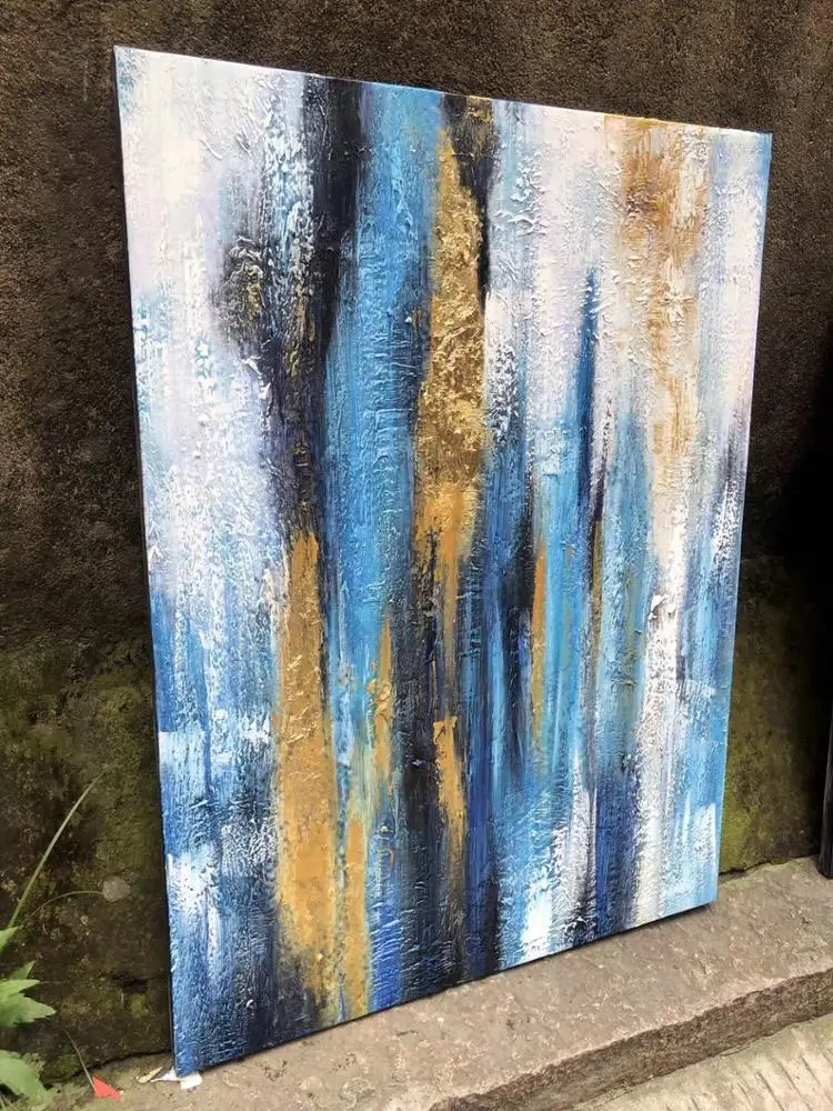 
100% handpainted abstract modern oil painting on canvas grey blue gold foil artwork wall art for home hotel decora wholesaler 