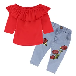 Детская одежда наряд для маленьких девочек летняя модная красный топ с открытыми плечами Джинсовый