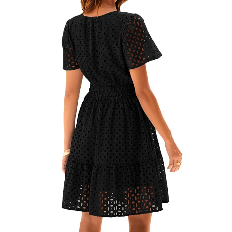 Womens Summer Short Dress V Neck Short Sleeve A Line Hollow Out Lace Ruffle Cute Casual Beach Party Dresses