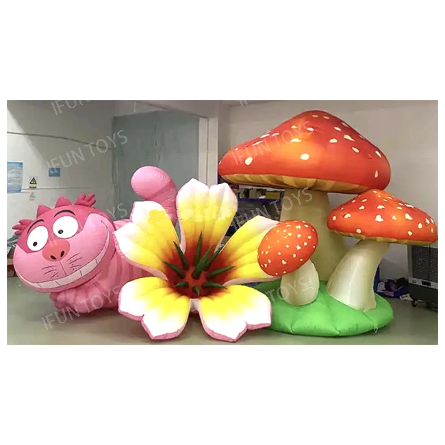 Alice In Wonderland Theme Party Inflatable Character Large Cheshire Cat Led Mushroom and Inflatable Flower
