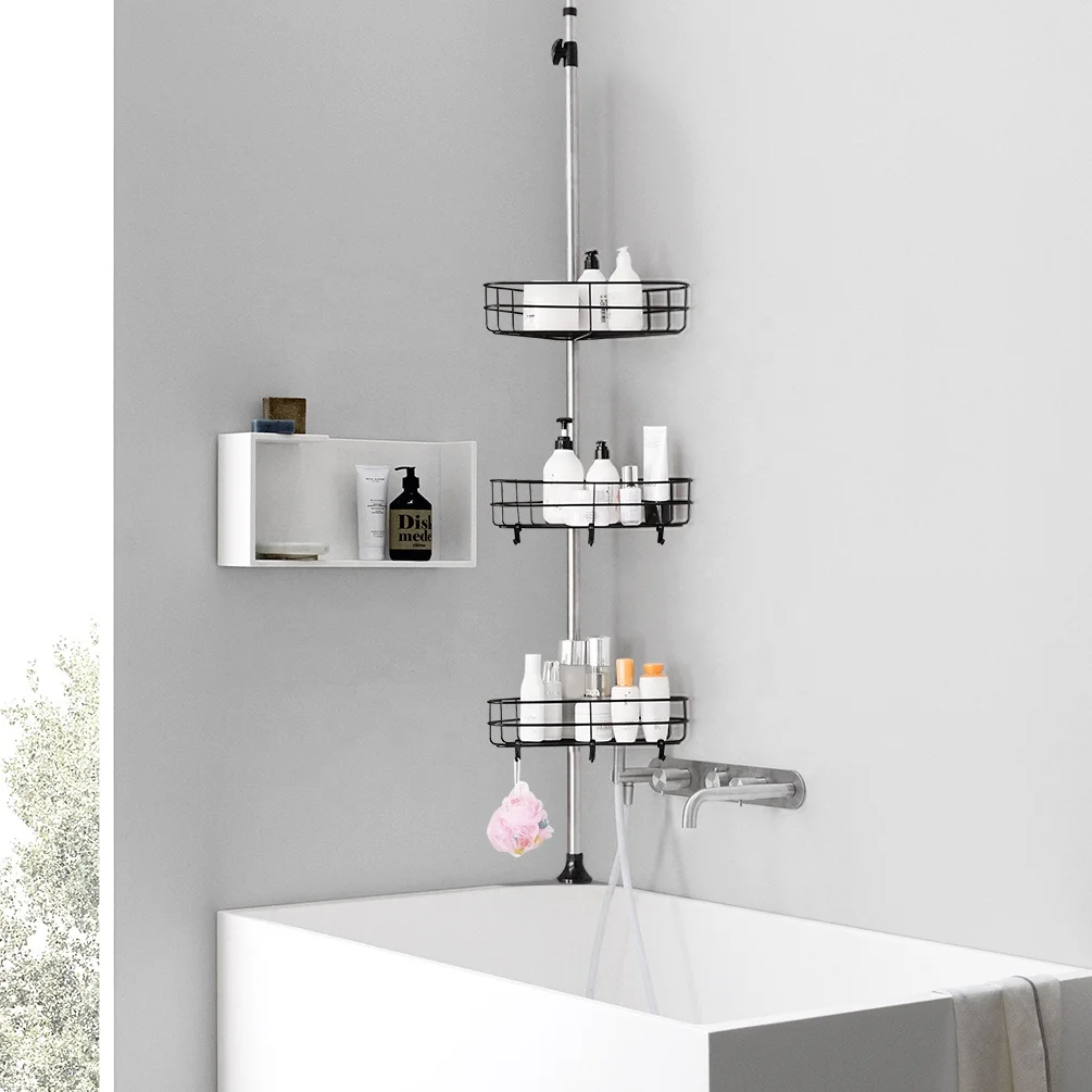 BAOYOUNI Stainless Steel 3 Tier Spring Tension Shower Caddy Adjustable Bathroom Corner Organizer Shelves Height up 310cm